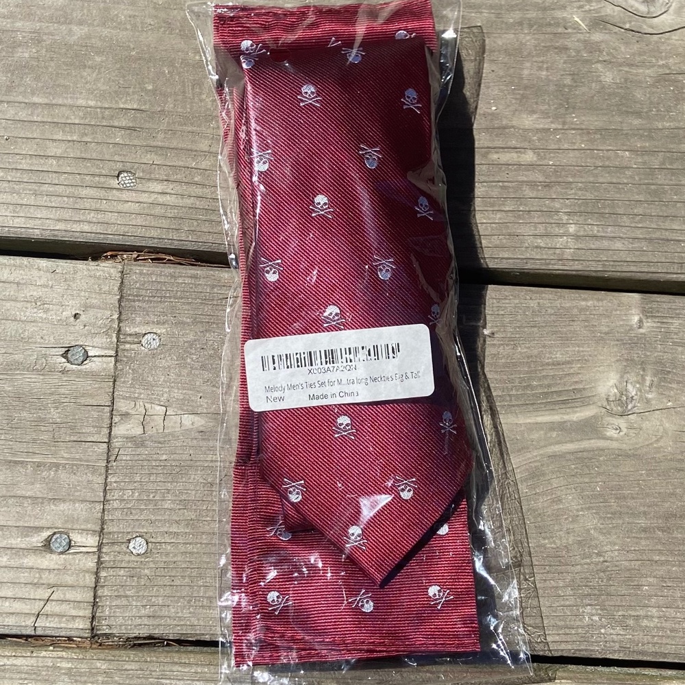 New In Bag Melody Men's Ties Set Big & Tall Burgundy w Silver Skull & Crossbones